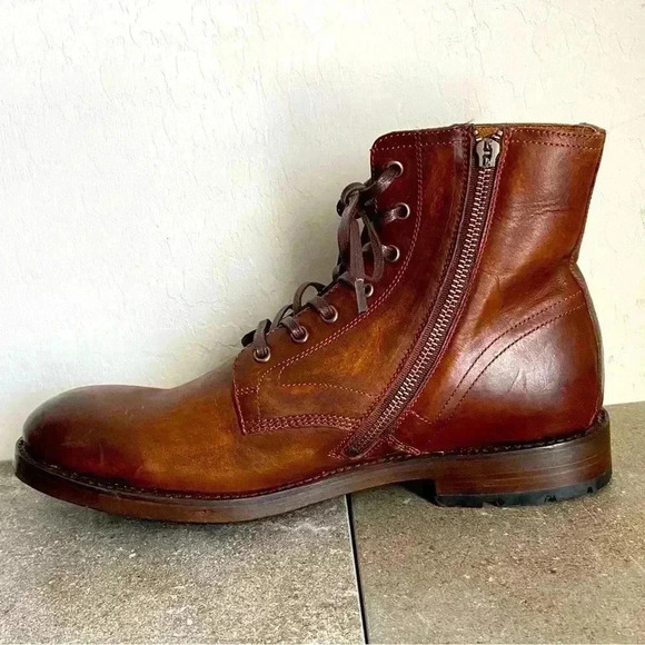 NEW FRYE Bowery Lace Up Side Zip Brown Cognac Leather Boot Men’s Size 10D main image 9
